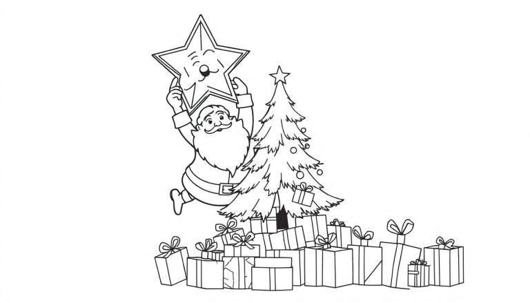 Dessin au trait d'un Père Noël joyeux sautant avec une étoile dans une main, entouré d'un sapin de Noël décoré et de cadeaux.