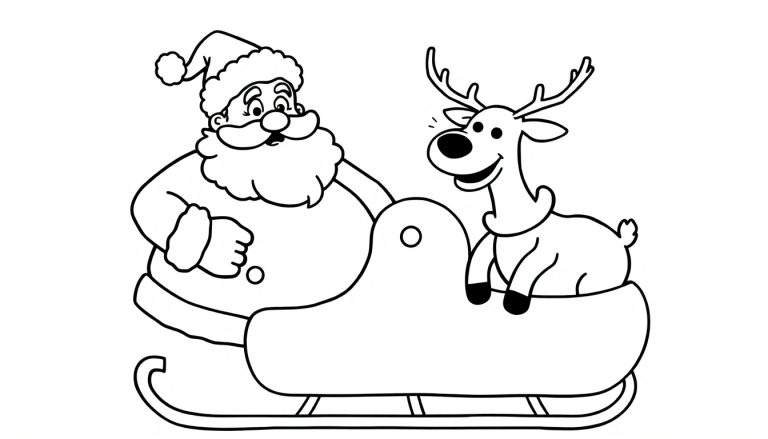 Dessin au trait d'un coloriage : Père Noël et un renne souriant dans un traîneau.