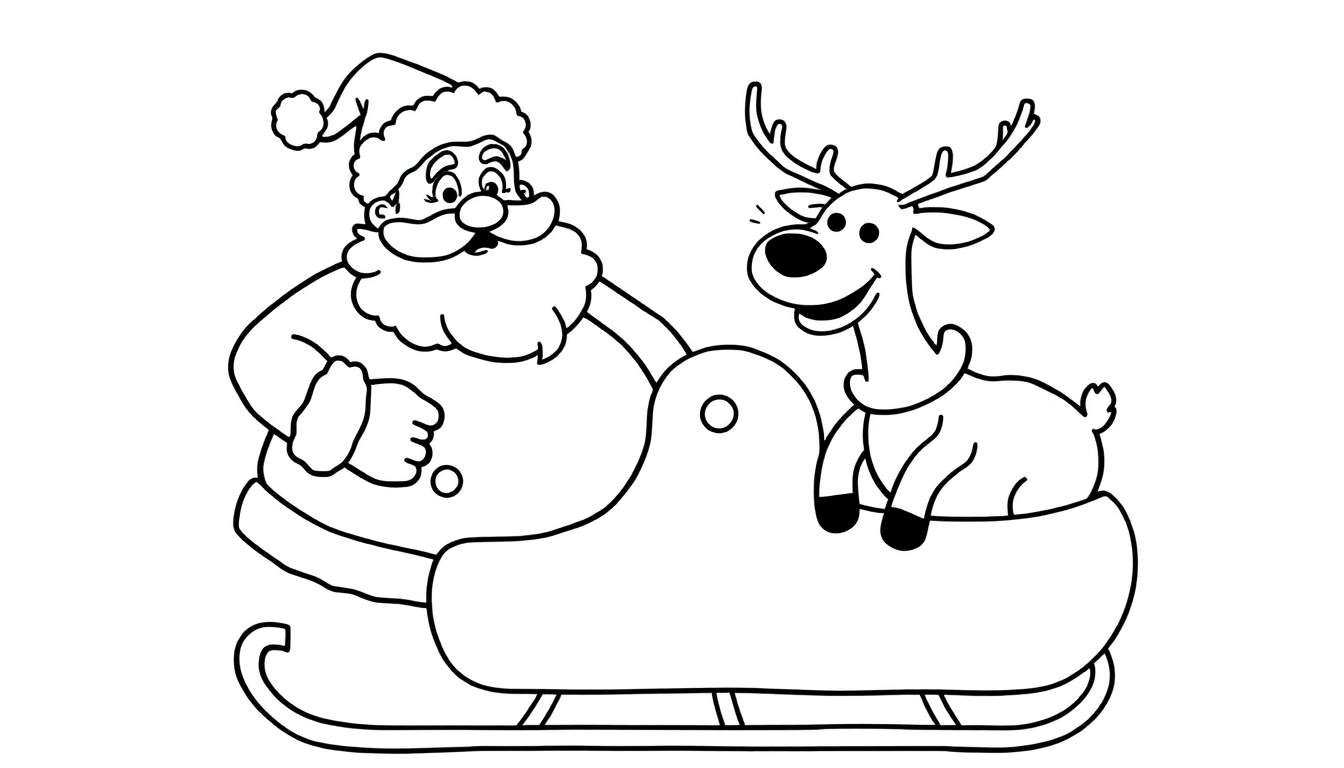 Dessin au trait d'un coloriage : Père Noël et un renne souriant dans un traîneau.