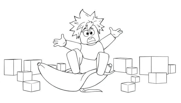 Coloriage d'un personnage de dessin animé effrayé assis sur une banane avec des boîtes autour.