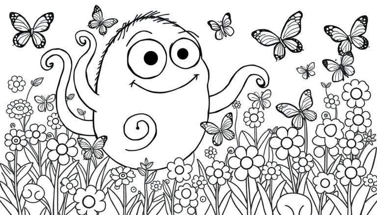 Coloriage d'une pieuvre souriante avec de grands yeux, entourée de fleurs et de papillons.
