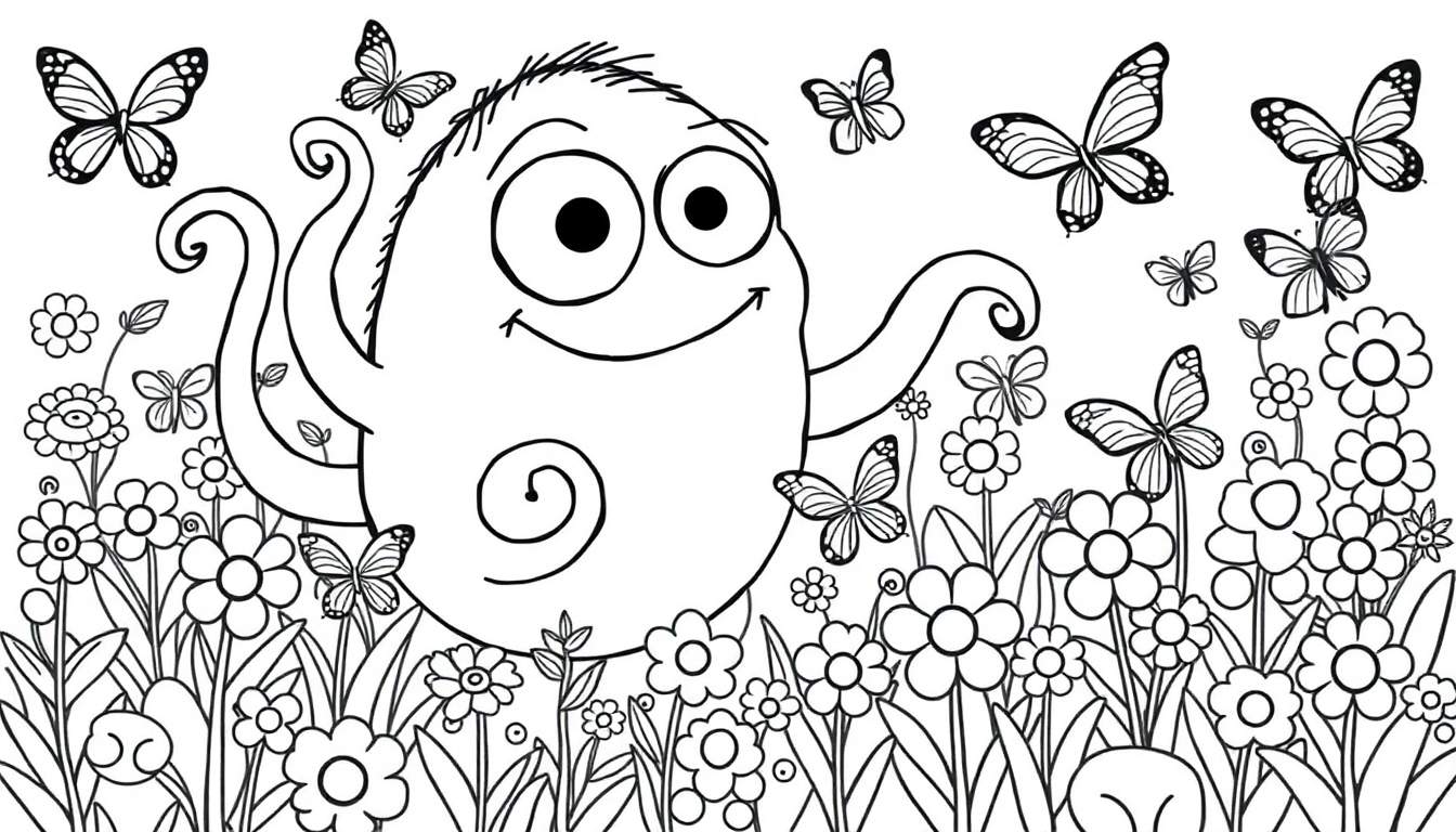 Coloriage d'une pieuvre souriante avec de grands yeux, entourée de fleurs et de papillons.