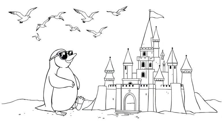 Dessin au trait d'un pingouin portant des lunettes de soleil, assis sur le sable devant un grand château de sable. Des oiseaux volent dans le ciel au-dessus.