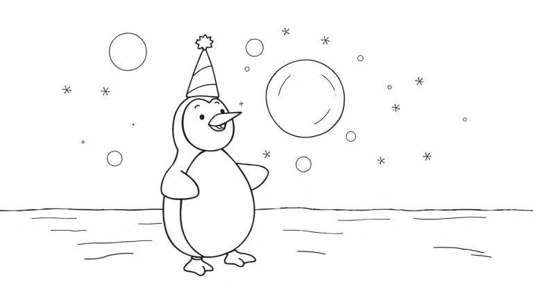 Dessin en noir et blanc d'un pingouin avec un chapeau de fête sur un fond de glace, entouré de cercles et d'étoiles.