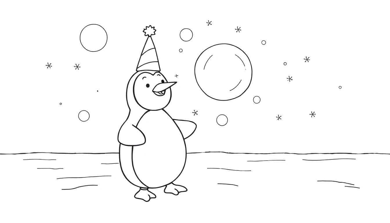 Dessin en noir et blanc d'un pingouin avec un chapeau de fête sur un fond de glace, entouré de cercles et d'étoiles.