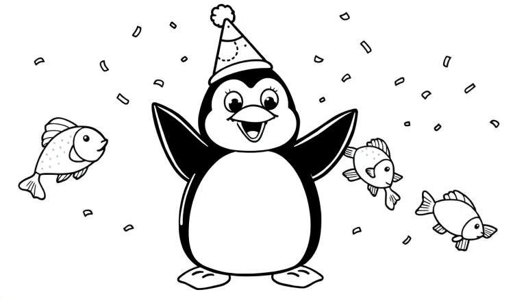Dessin au trait noir et blanc d'un pingouin joyeux portant un chapeau de fête, avec des confettis tombant et trois petits poissons autour.