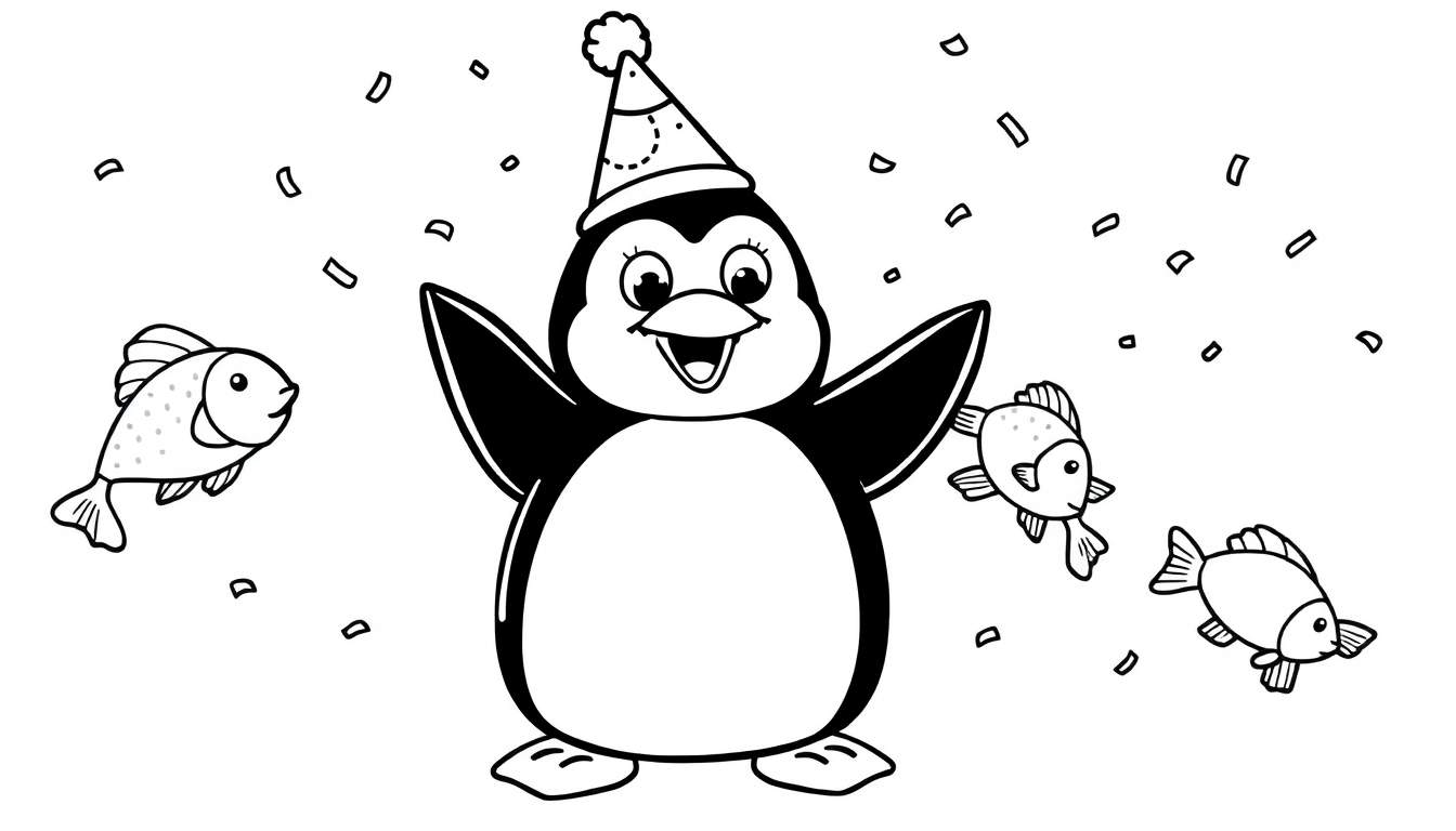 Dessin au trait noir et blanc d'un pingouin joyeux portant un chapeau de fête, avec des confettis tombant et trois petits poissons autour.