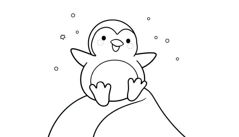 Dessin au trait d'un pingouin souriant assis sur une colline, entouré de formes de flocons de neige et d'une étoile.