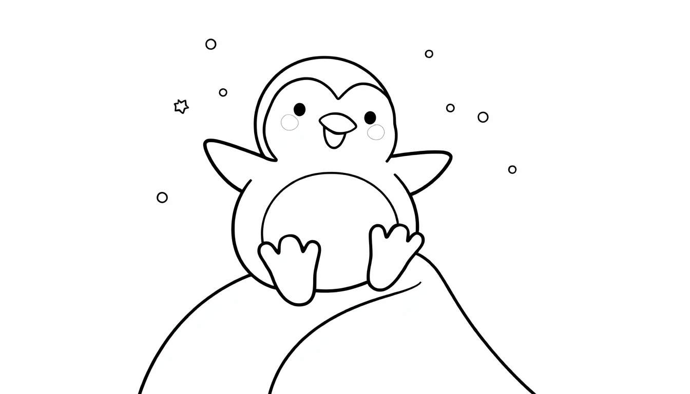 Dessin au trait d'un pingouin souriant assis sur une colline, entouré de formes de flocons de neige et d'une étoile.