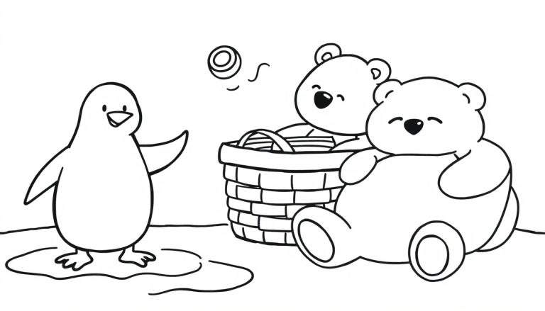 Dessin noir et blanc d'un pingouin avec une aile levée pour dire bonjour, assis près d'un panier avec deux ours en peluche, et un petit objet rond tombant du ciel.