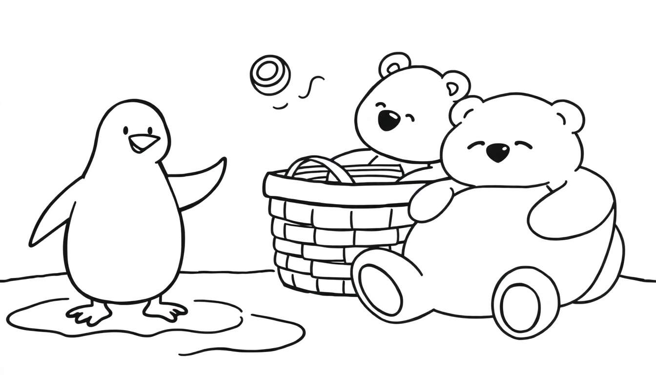 Dessin noir et blanc d'un pingouin avec une aile levée pour dire bonjour, assis près d'un panier avec deux ours en peluche, et un petit objet rond tombant du ciel.