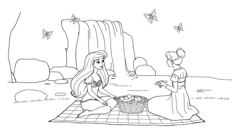 Coloriage d'une scène de pique-nique avec une cascade et deux femmes.