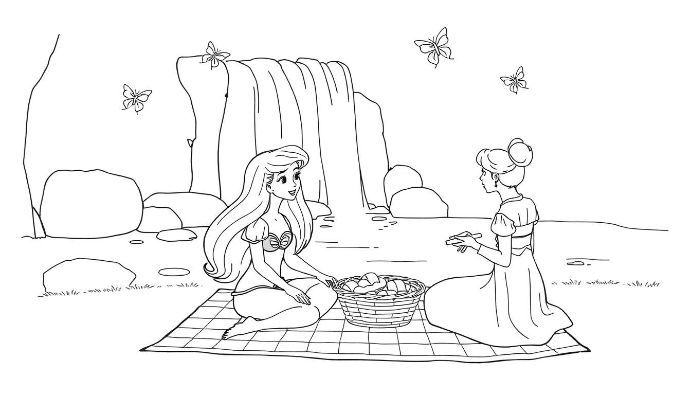 Coloriage d'une scène de pique-nique avec une cascade et deux femmes.