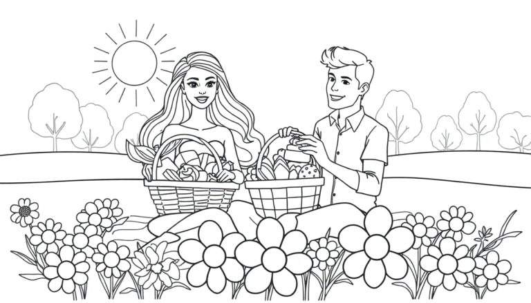Dessin au trait d'un couple assis sur une couverture dans un champ de fleurs, avec un panier de pique-nique.