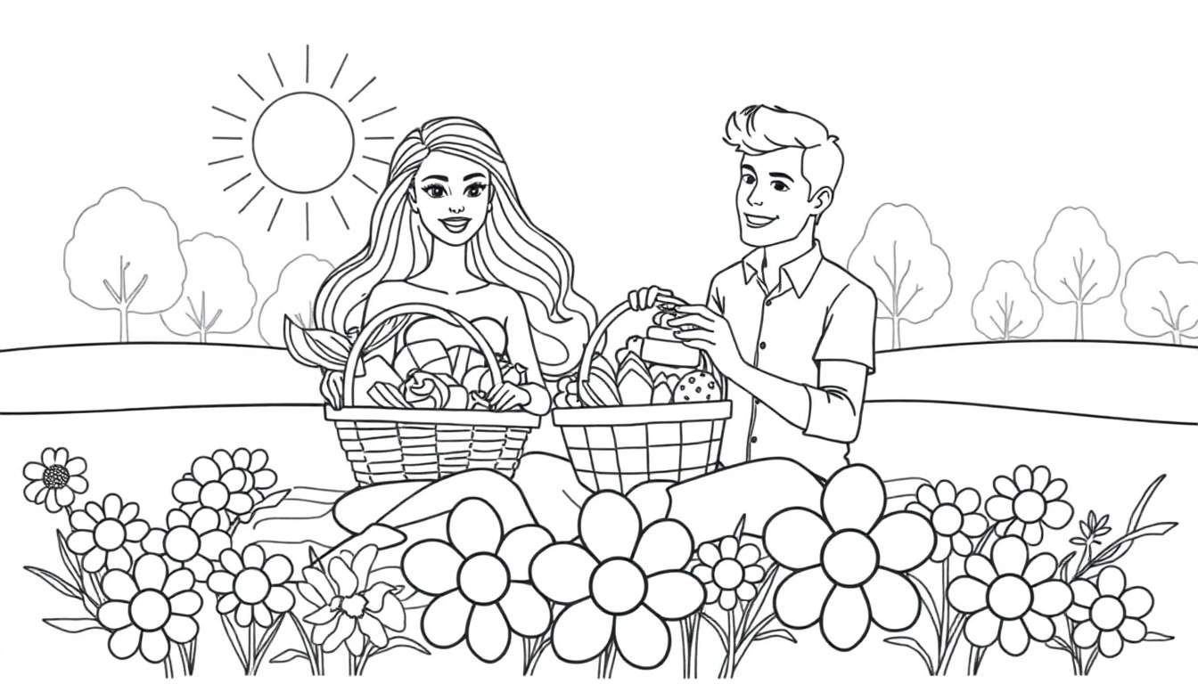 Dessin au trait d'un couple assis sur une couverture dans un champ de fleurs, avec un panier de pique-nique.