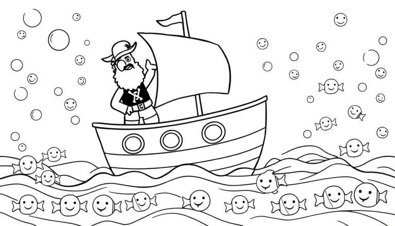 Un dessin animé d'un pirate à barbe blanche avec un chapeau de pirate sur un bateau entouré de bulles et de bonbons souriants naviguant sur des vagues.