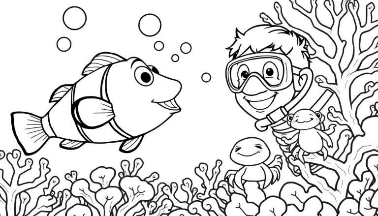 Coloriage d'un poisson clown souriant, d'un enfant avec masque et tuba, et de méduses/poulpes nageant parmi des coraux et des bulles.