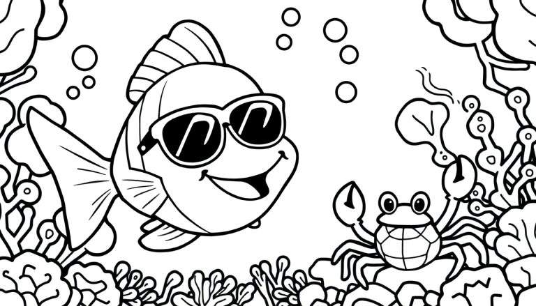 Dessin au trait noir et blanc d'un coloriage sous-marin avec un poisson joyeux portant des lunettes de soleil et un crabe souriant avec des pinces levées, entourés de végétation marine.