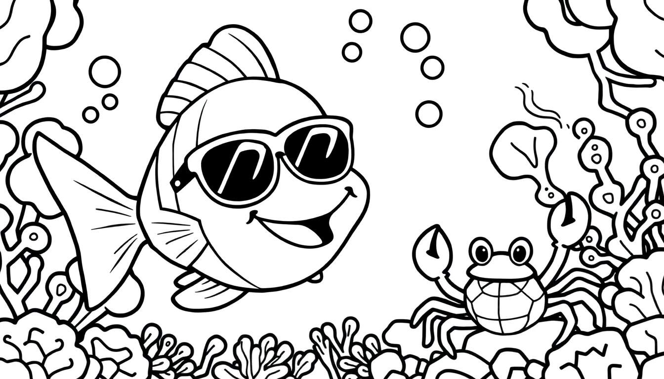 Dessin au trait noir et blanc d'un coloriage sous-marin avec un poisson joyeux portant des lunettes de soleil et un crabe souriant avec des pinces levées, entourés de végétation marine.