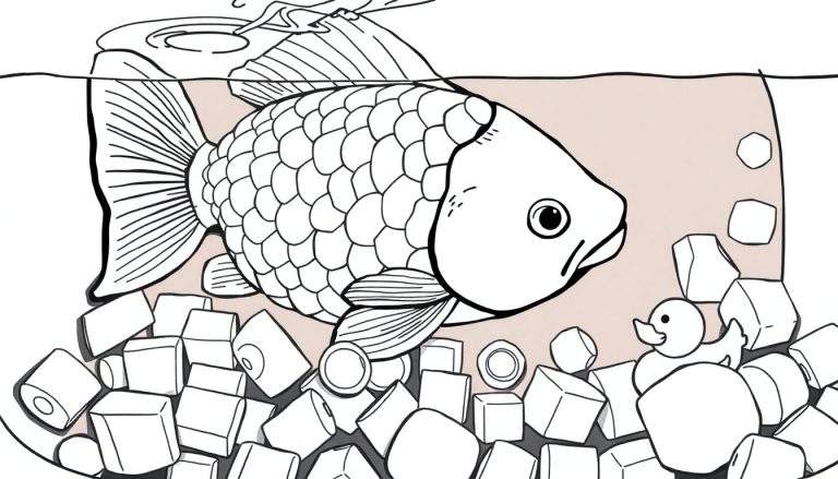 Coloriage d'un poisson rouge nageant dans un bocal avec des glaçons et un canard en caoutchouc.
