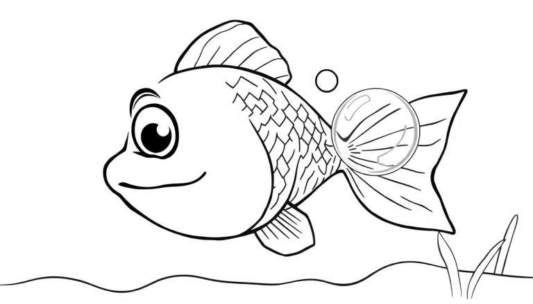 Dessin au trait noir et blanc d'un poisson souriant avec des écailles, des nageoires, une bulle d'air et des plantes aquatiques.