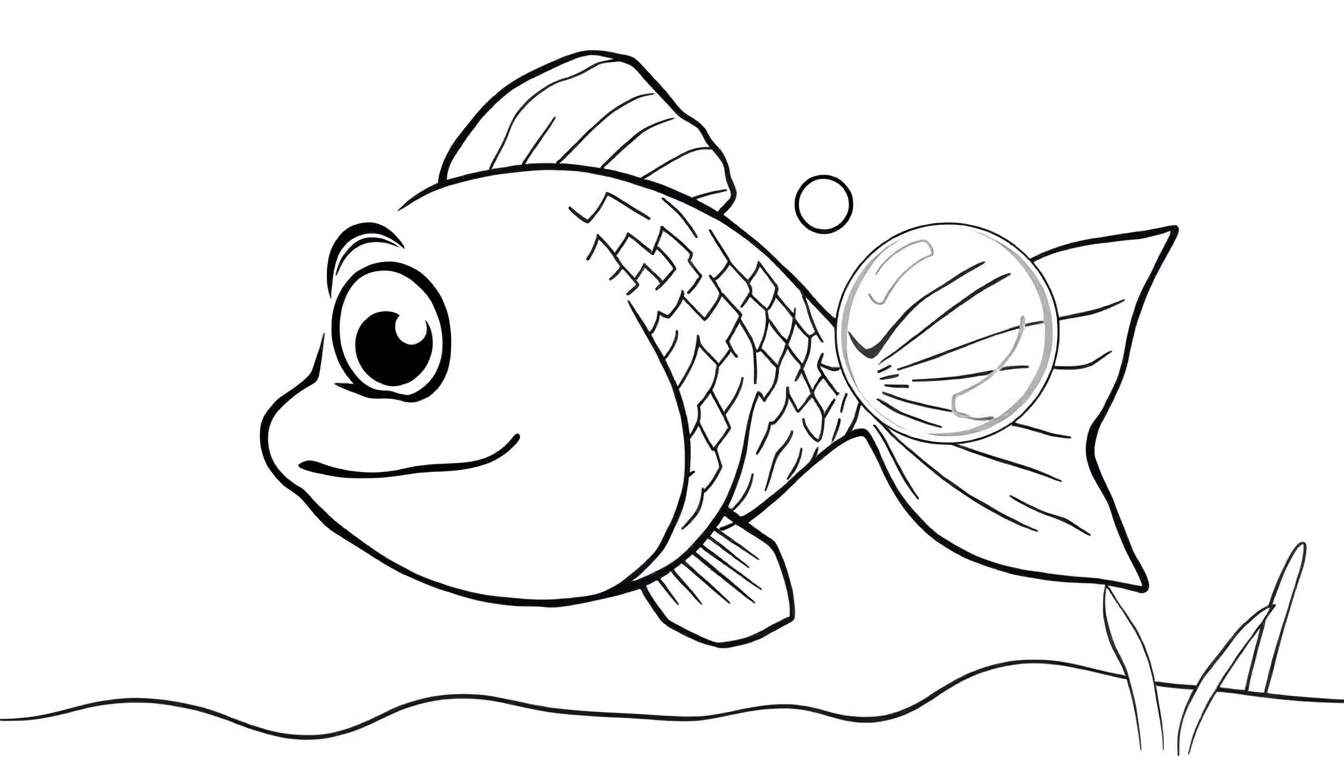 Dessin au trait noir et blanc d'un poisson souriant avec des écailles, des nageoires, une bulle d'air et des plantes aquatiques.
