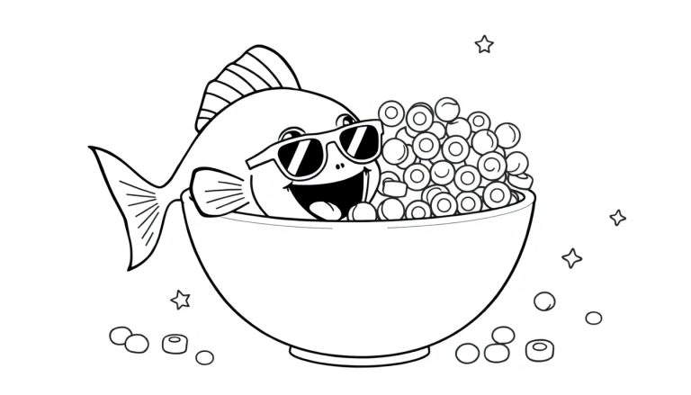 Coloriage d'un poisson souriant avec des lunettes de soleil dans un bol de céréales
