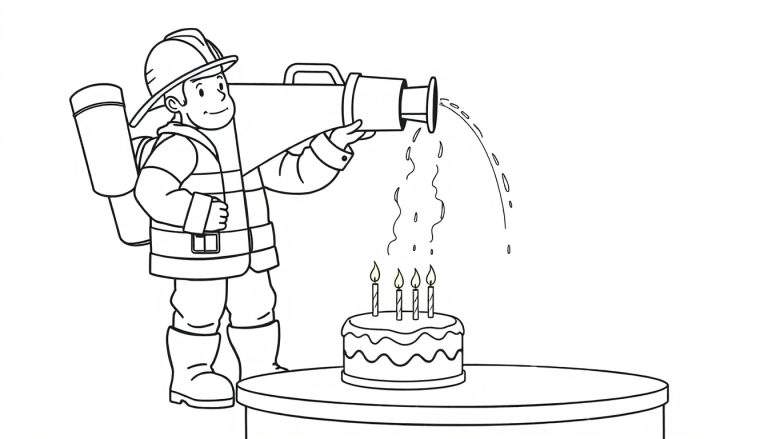 Coloriage d'un pompier cartoon avec un casque et un uniforme, arrosant un gâteau d'anniversaire avec quatre bougies allumées à l'aide d'un tuyau d'arrosage.