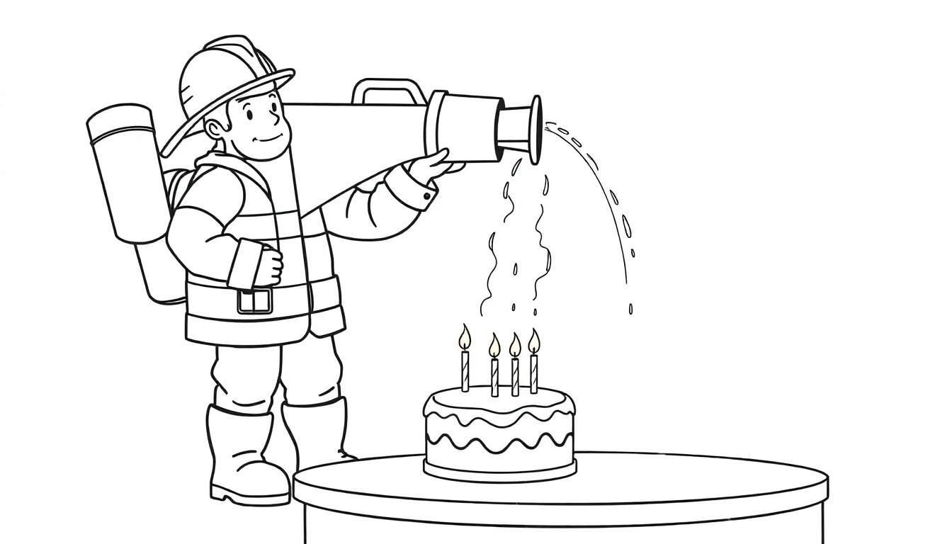 Coloriage d'un pompier cartoon avec un casque et un uniforme, arrosant un gâteau d'anniversaire avec quatre bougies allumées à l'aide d'un tuyau d'arrosage.