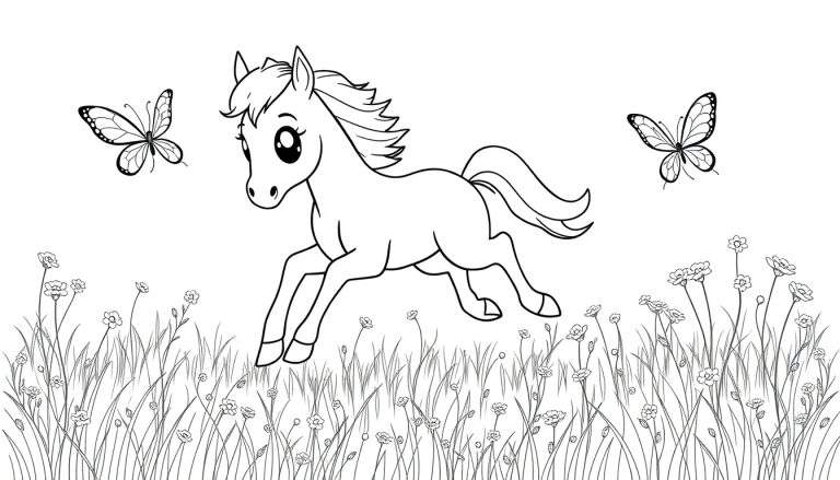 Dessin au trait noir et blanc d'un poney courant dans un champ de fleurs avec deux papillons.