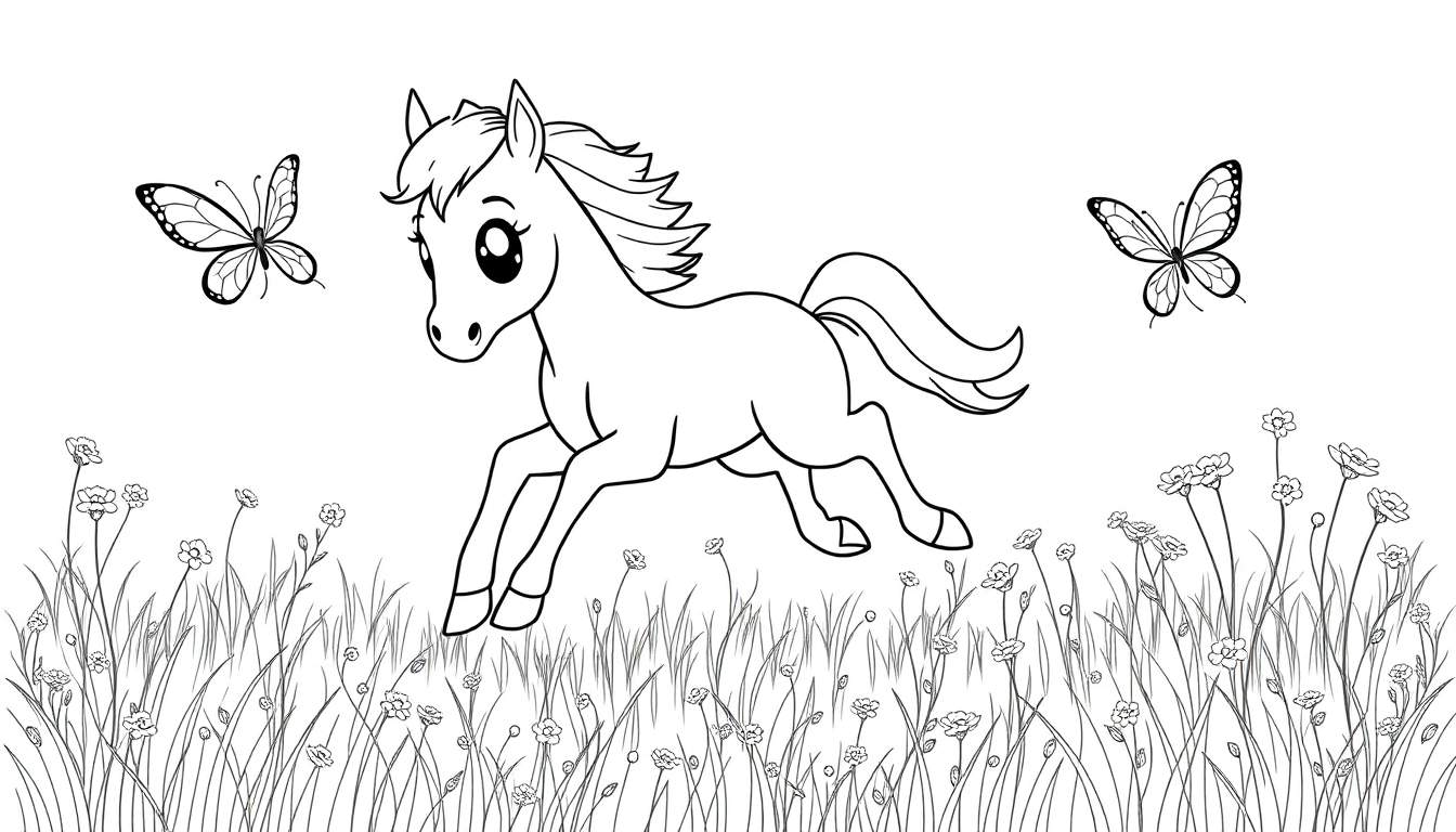 Dessin au trait noir et blanc d'un poney courant dans un champ de fleurs avec deux papillons.
