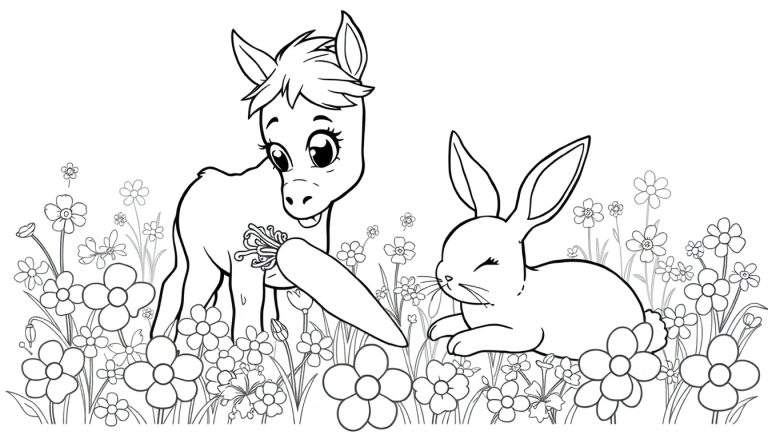 Dessin au trait d'un poulain de dessin animé gentil offrant une carotte à un petit lapin endormi, entourés de fleurs colorées. Idéal pour le coloriage.