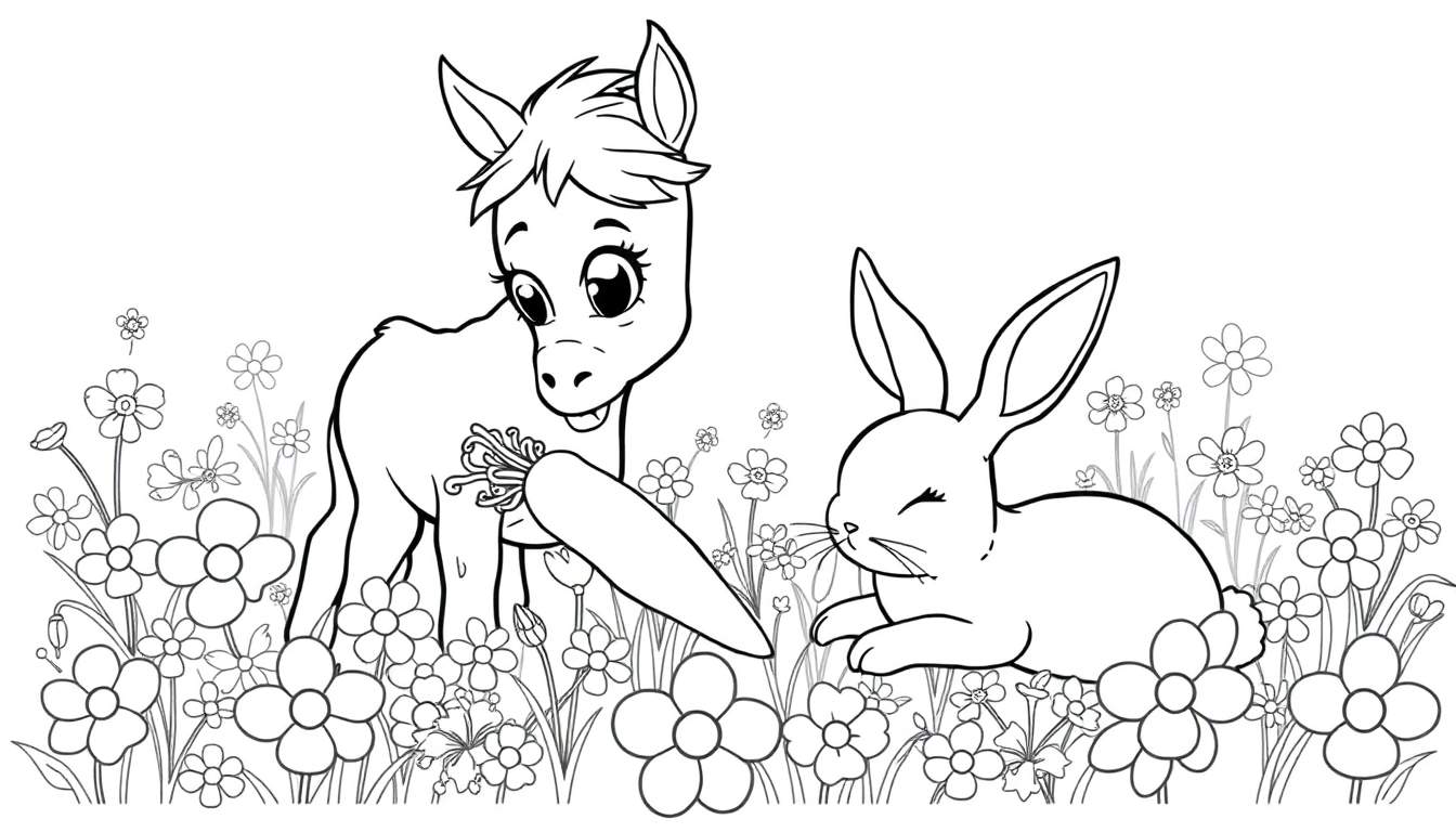 Dessin au trait d'un poulain de dessin animé gentil offrant une carotte à un petit lapin endormi, entourés de fleurs colorées. Idéal pour le coloriage.