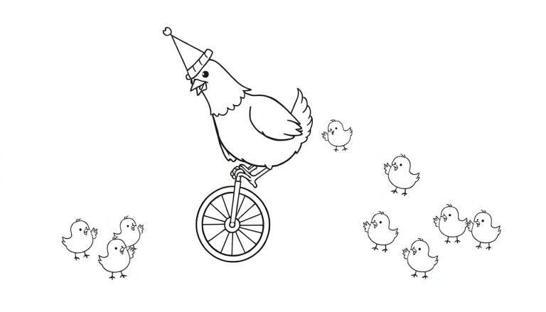 Dessin au trait d'un poulet portant un chapeau de fête et équilibré sur un monocycle, entouré de poussins.