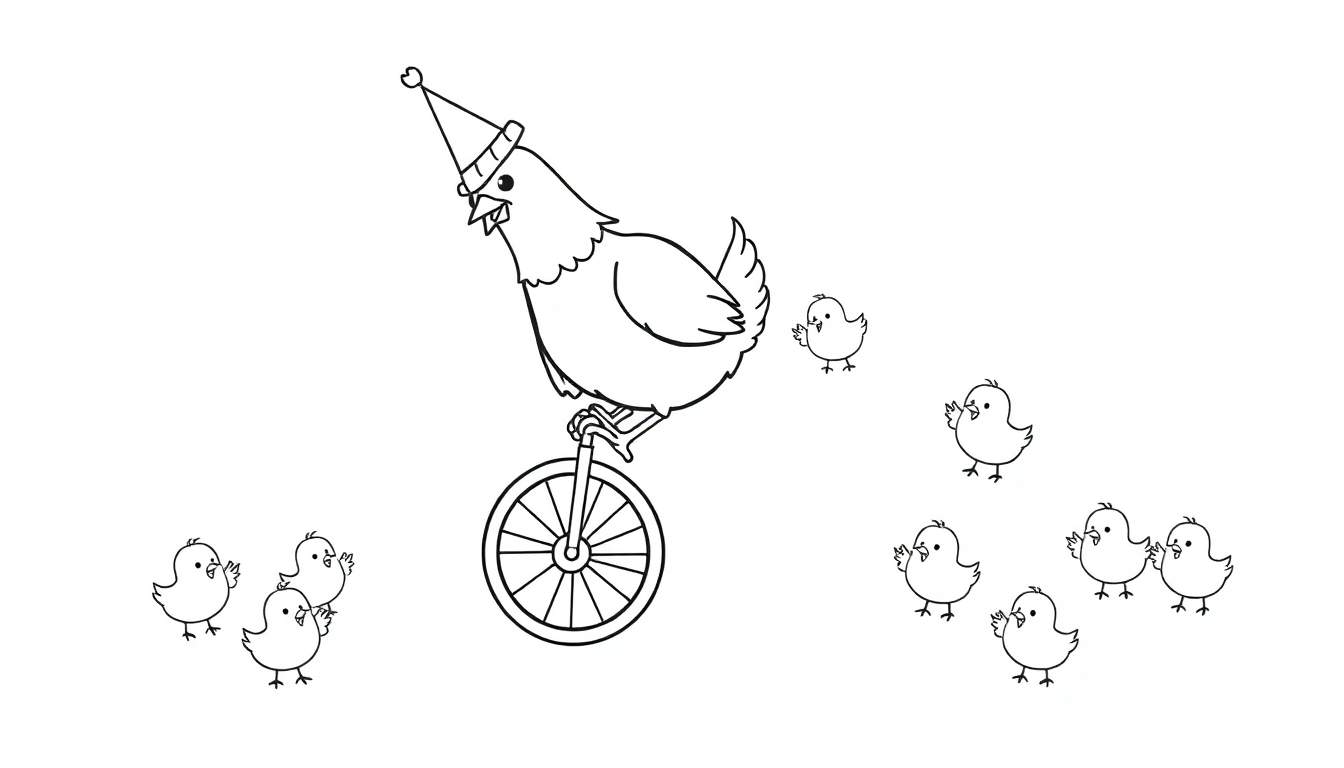 Dessin au trait d'un poulet portant un chapeau de fête et équilibré sur un monocycle, entouré de poussins.