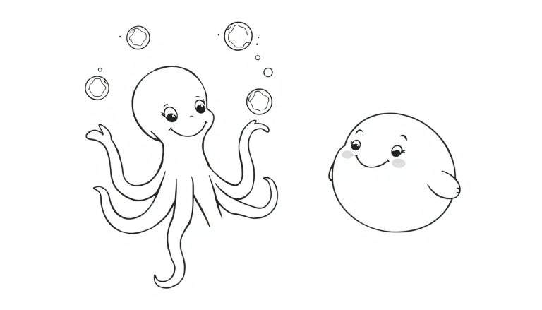 Dessin au trait d'un poulpe souriant tenant des bulles sur ses tentacules, à côté d'une petite créature marine arrondie souriante. Coloriage pour enfants.