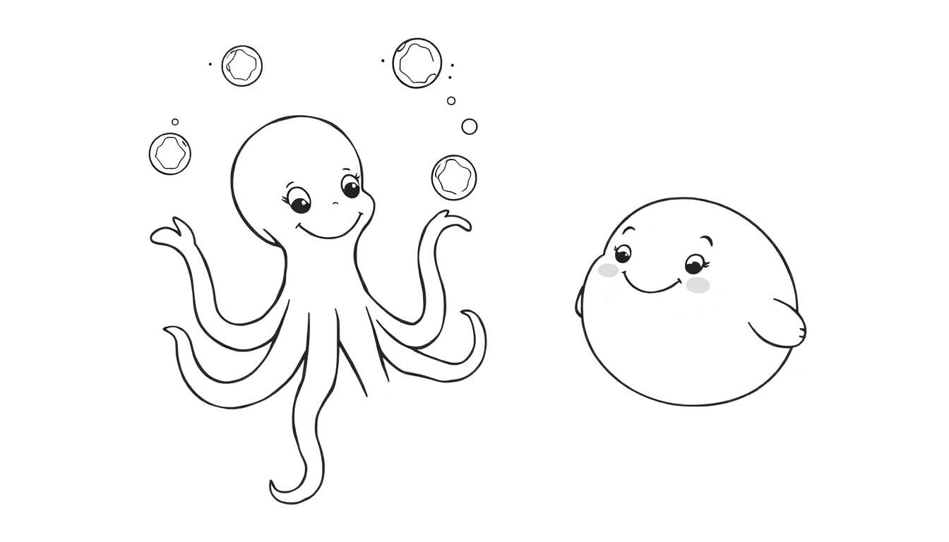 Dessin au trait d'un poulpe souriant tenant des bulles sur ses tentacules, à côté d'une petite créature marine arrondie souriante. Coloriage pour enfants.