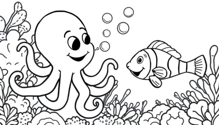 Coloriage d'un poulpe souriant et d'un poisson clown dans un récif corallien.