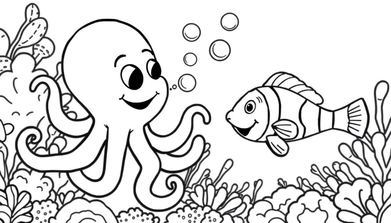 Coloriage d'un poulpe souriant et d'un poisson clown dans un récif corallien.