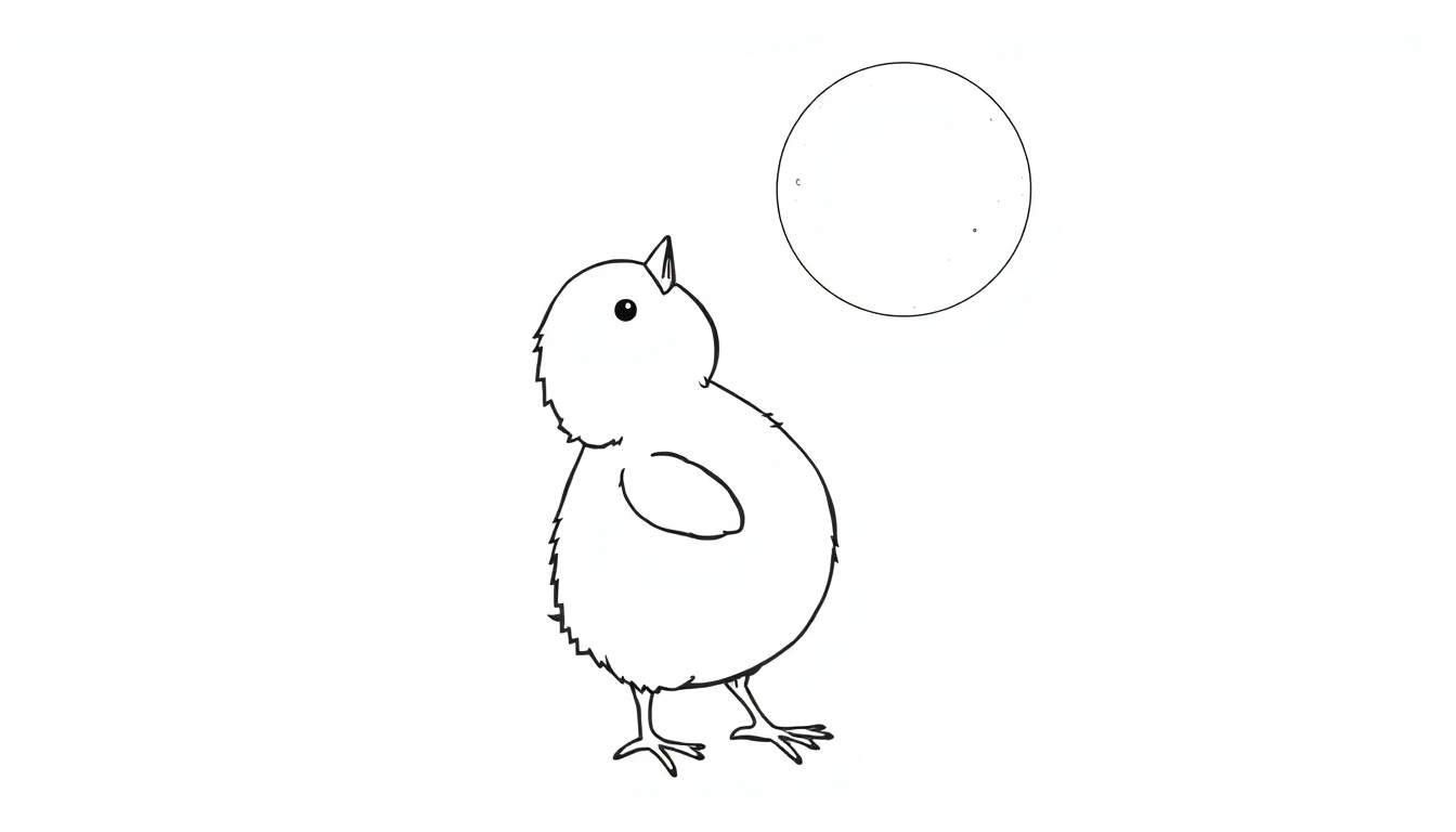Dessin au trait d'un petit poussin mignon regardant un grand cercle vide pour coloriage.