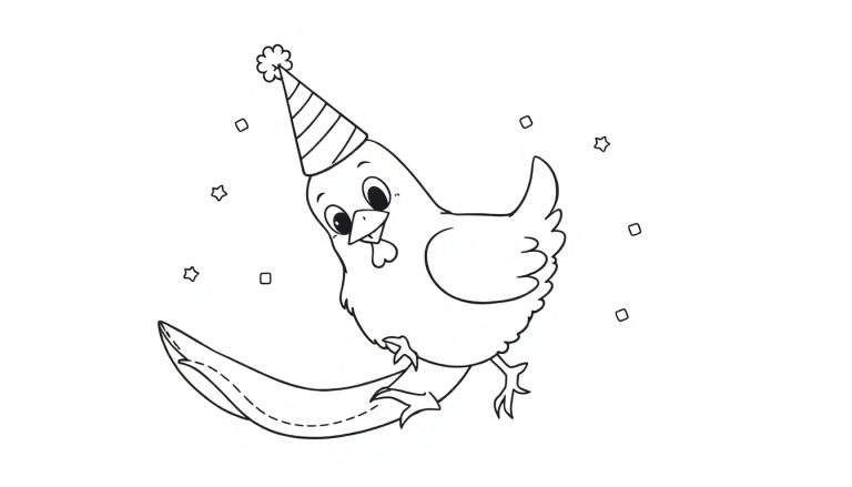 Dessin au trait d'un poussin souriant avec un chapeau de fête, entouré de confettis, glissant sur une courbe.