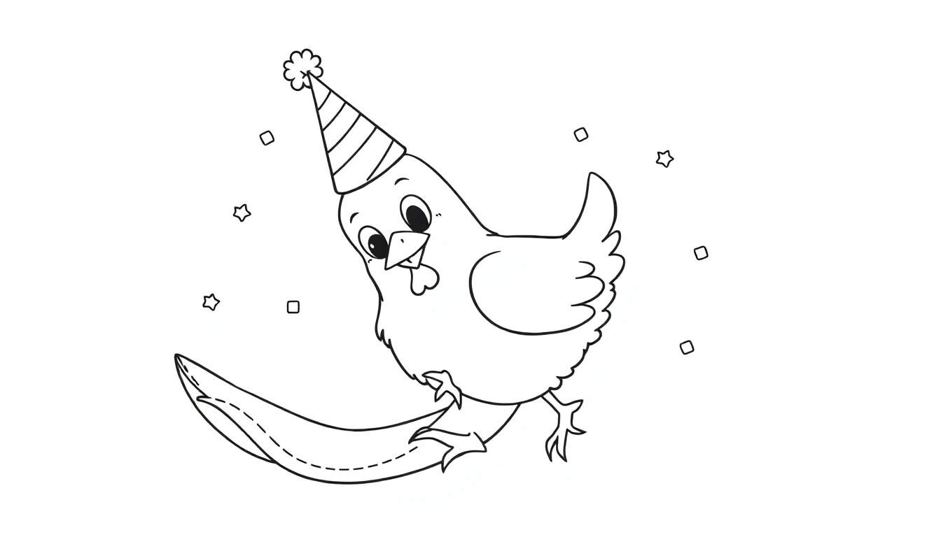 Dessin au trait d'un poussin souriant avec un chapeau de fête, entouré de confettis, glissant sur une courbe.