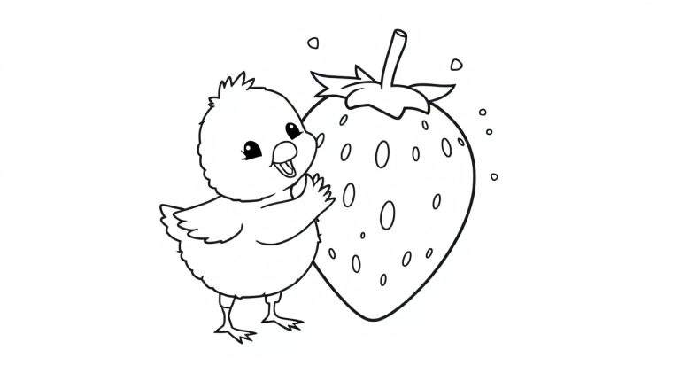 Coloriage d'un poussin mignon faisant un câlin à une grosse fraise.