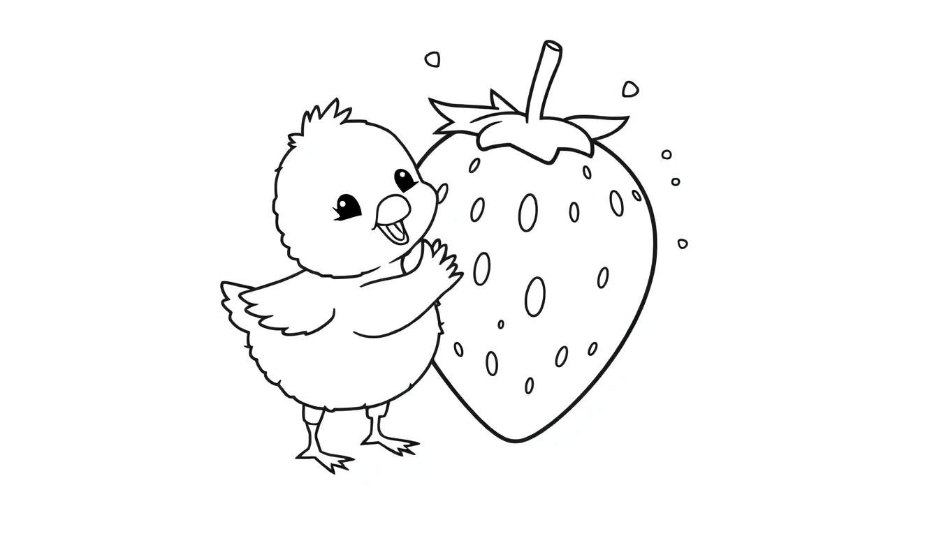 Coloriage d'un poussin mignon faisant un câlin à une grosse fraise.
