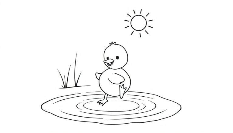 Dessin au trait d'un petit poussin marchant dans une flaque d'eau, avec une patte levée, de l'herbe et un soleil dans le ciel.