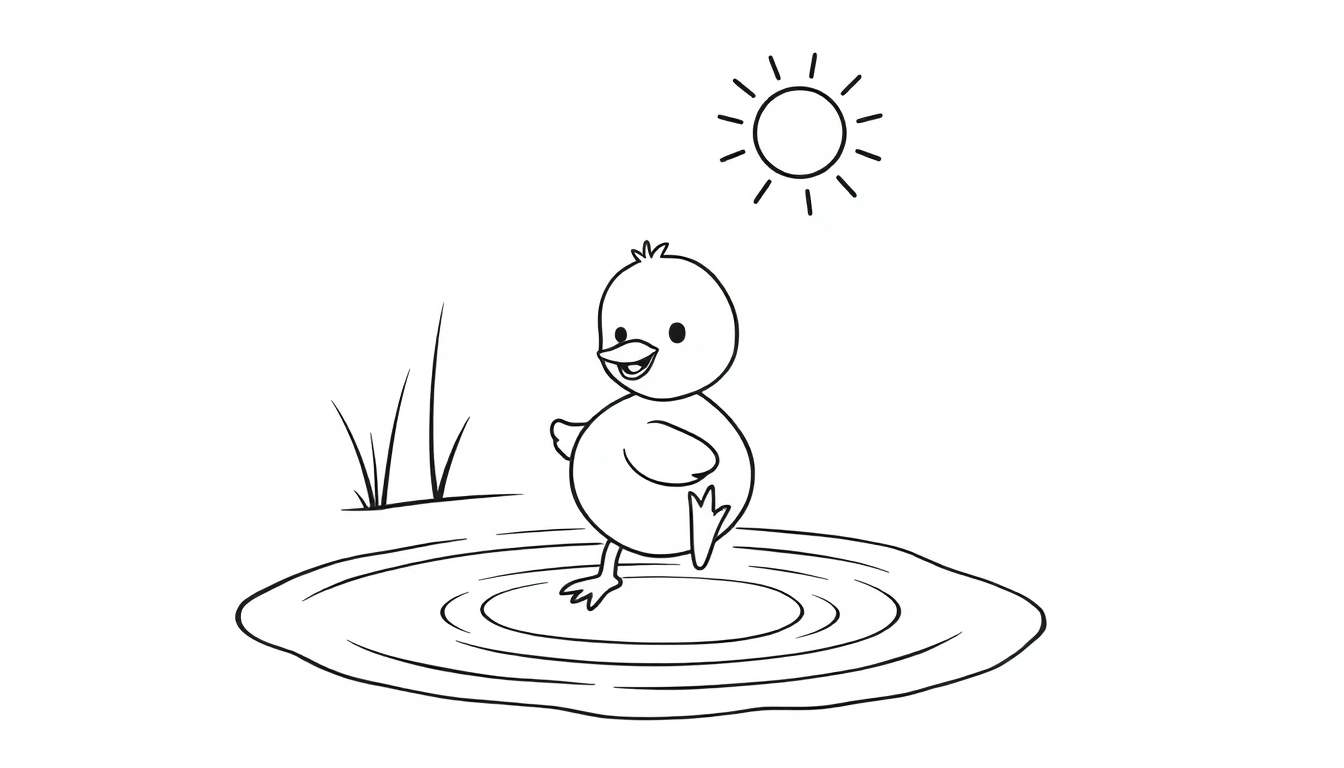 Dessin au trait d'un petit poussin marchant dans une flaque d'eau, avec une patte levée, de l'herbe et un soleil dans le ciel.