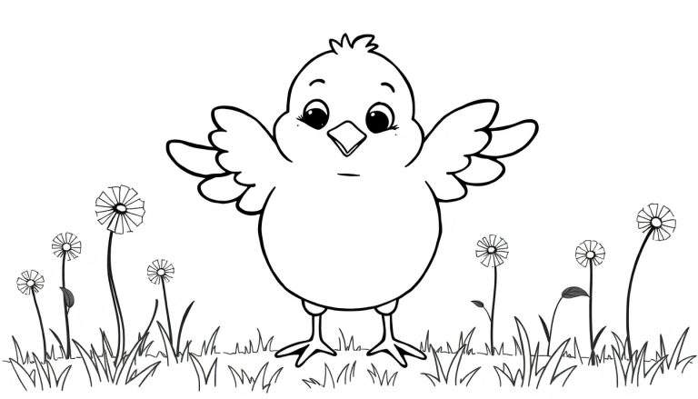 Coloriage d'un poussin aux ailes déployées dans un champ de fleurs de pissenlit.