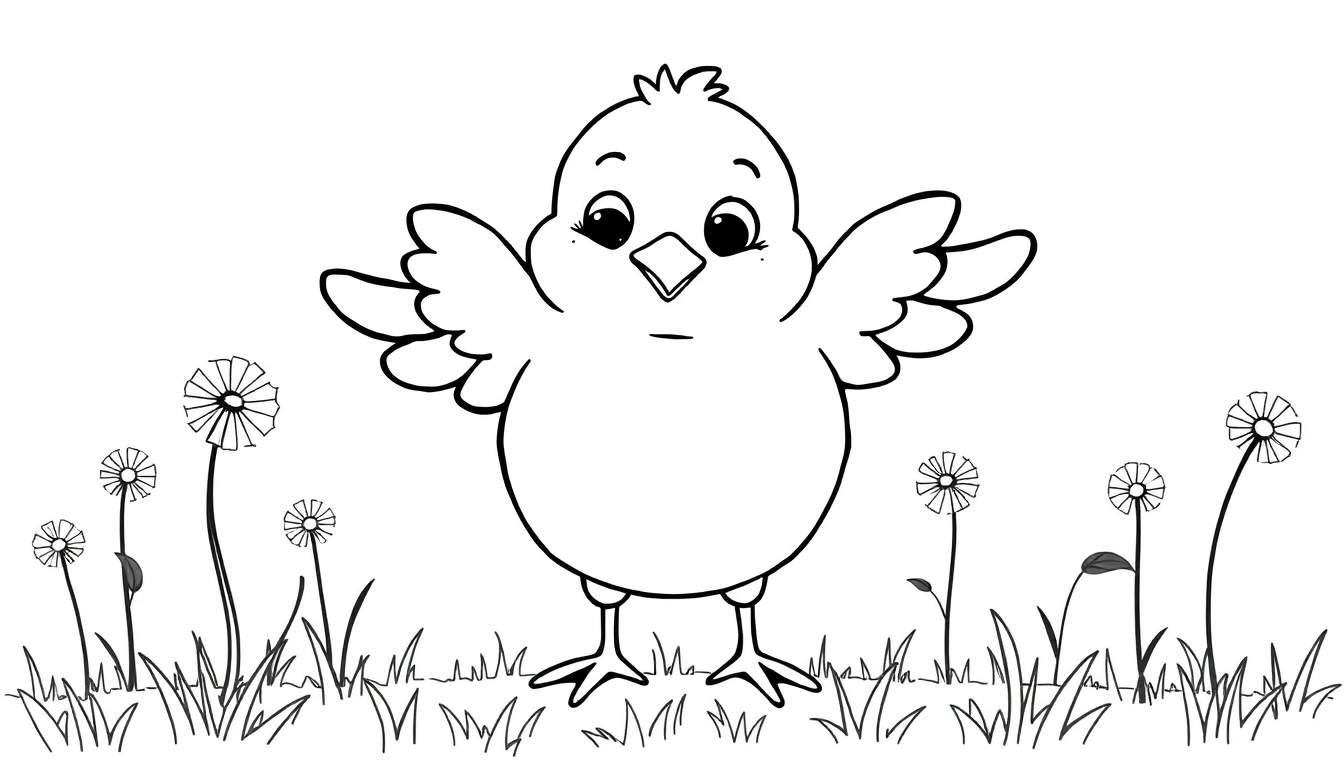 Coloriage d'un poussin aux ailes déployées dans un champ de fleurs de pissenlit.