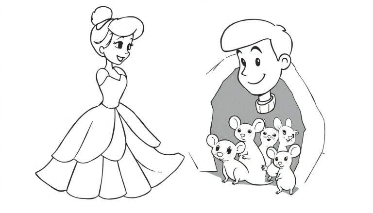 Dessin au trait d'une princesse et d'un jeune homme avec des souris amicales.