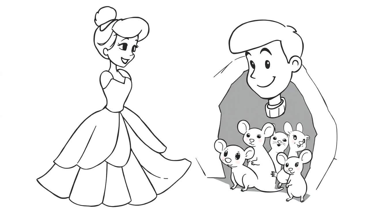 Dessin au trait d'une princesse et d'un jeune homme avec des souris amicales.